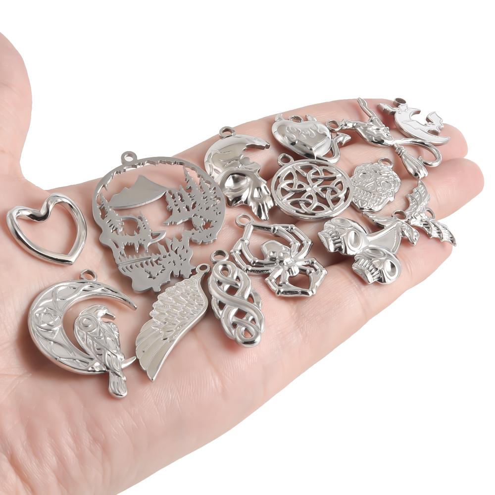 5 Stück/Los Steampunk Anhänger Edelstahl Fledermaus Totenkopf Kopf Krähe Hexen Knoten Anhänger Für Schmuckherstellung Zubehör Halloween Anhänger