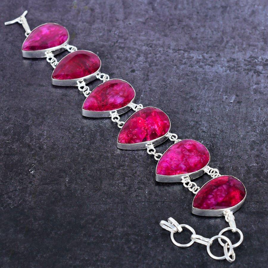 Kashmir rød rubin (Simulert) Edelsten 925 Sterlingsølv Armbånd 7-8"