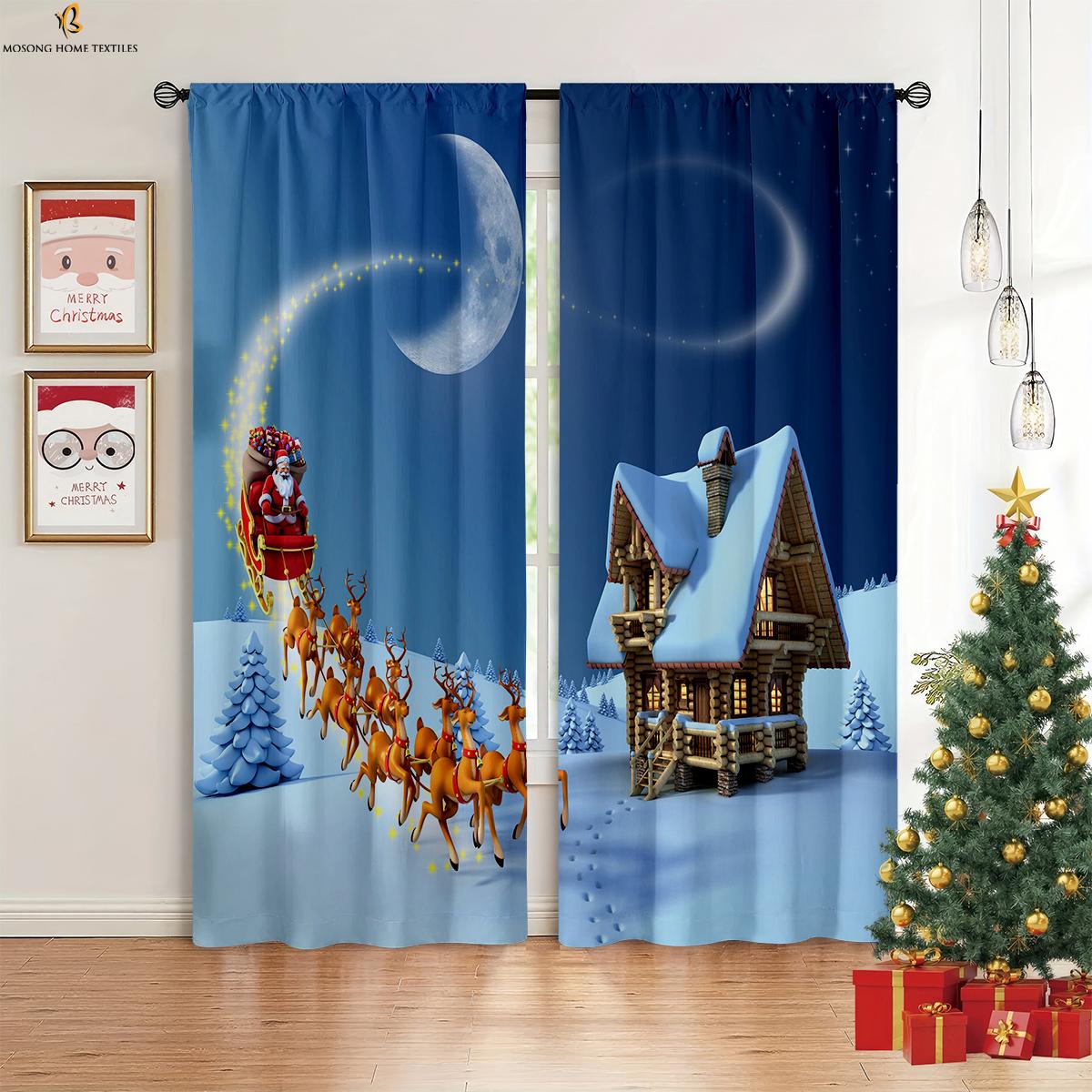 

Classic Christmas Tree Snowflake Cartoon Print Curtains Retro Decorative Bedroom Restaurant Party Curtain Polyester Ideal For Master W100*H130(CM)-Rod Pocket&2PCS