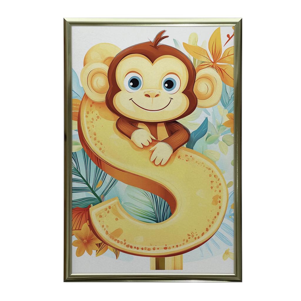 Plakat Wesoła Małpka I Literka S Plakat Wesoła Małpka I Literka S, 30X40 Cm, Rama Drewniana Jasny Dąb, Papier Matowy 230 Gsm