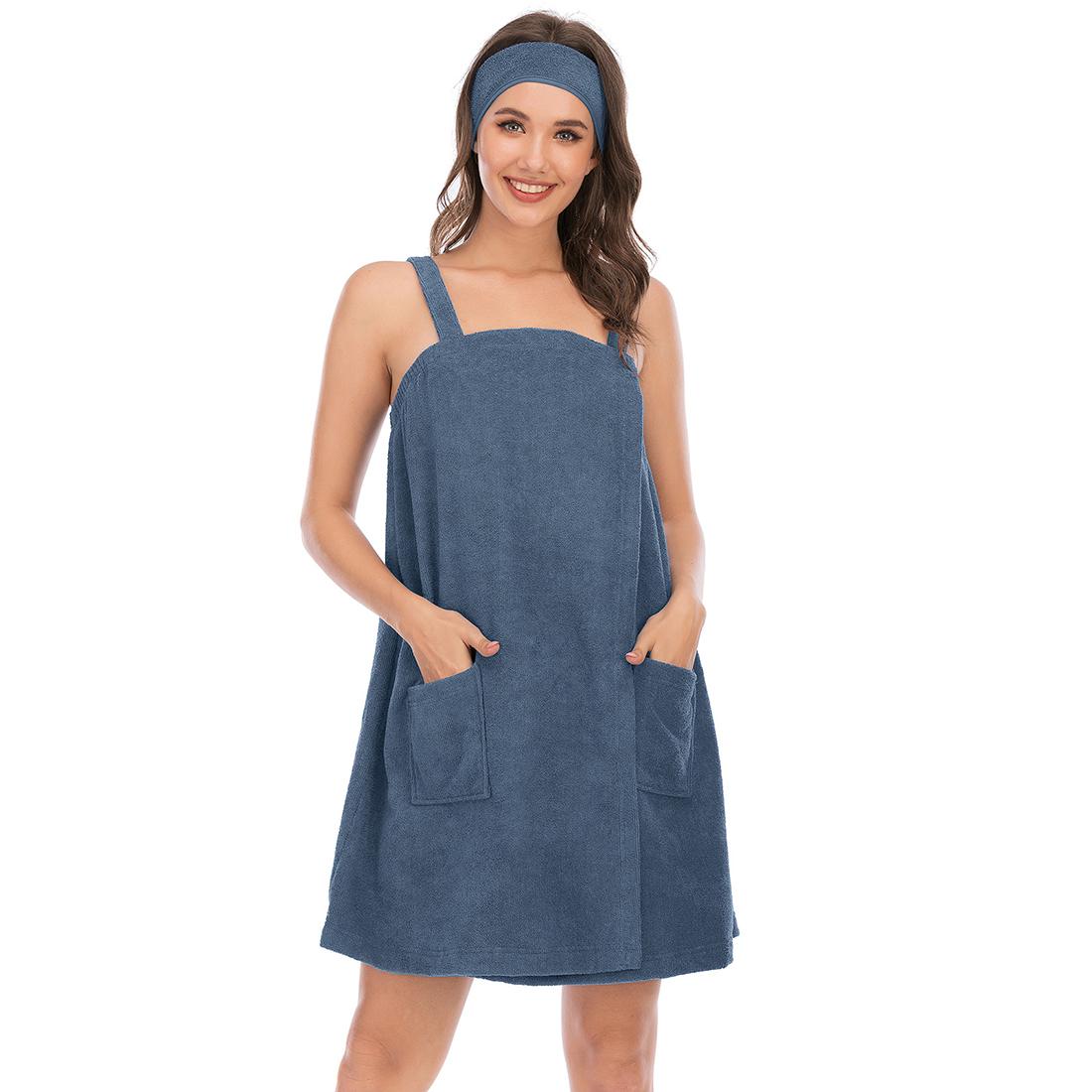 

Яскравий жіночий махровий махровий махровий халат із лямками для ванної кімнати з оленями, швидковисихаюча махрова тканина на липучці, еластичний халат для душу з пов’язкою на голову, м’яка накидка для басейну в спортзалі S темно-синього кольору