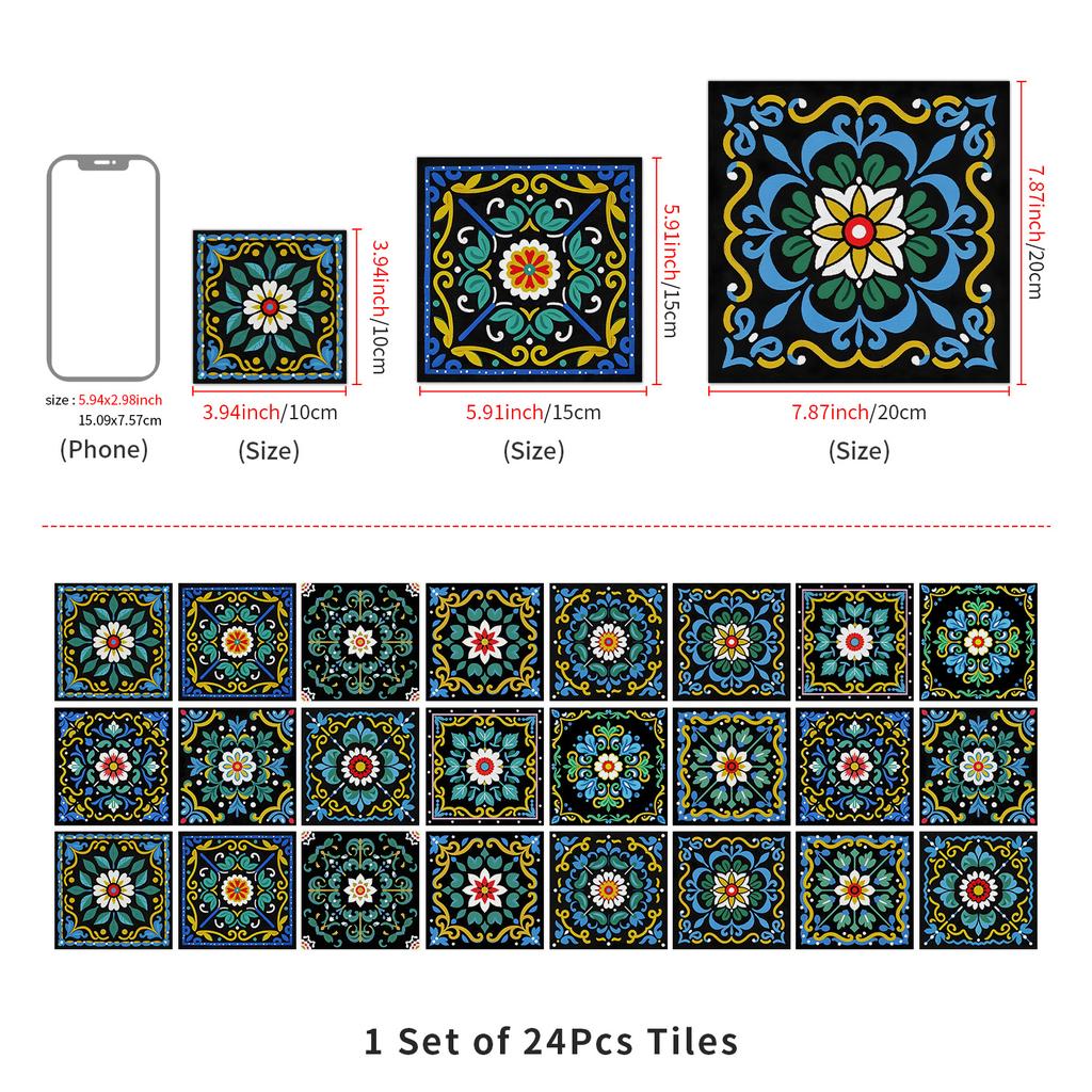 European Crystal Mandala 24 Pieces Self-Adhesive Wall Sticker, Waterproof Kitchen Bedroom Tile Sticker Pvc Wallpaper