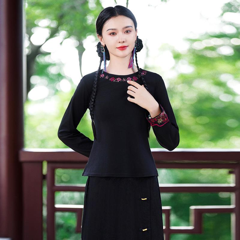 

Women s Autumn Ethnic Embroidered Cotton Long Sleeve Retro T-Shirt XL чёрный