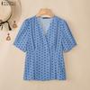 Women Casual V-Neck Short Sleeve Polka Dot Print Blouse