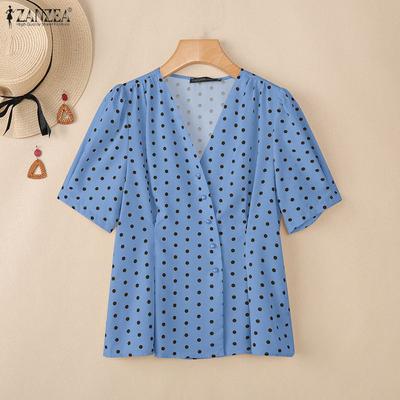 Women Casual V-Neck Short Sleeve Polka Dot Print Blouse