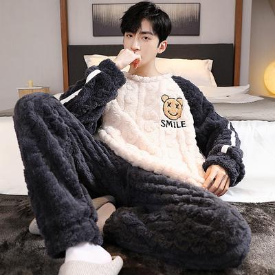 Men's Pajamas Coral Fleece Autumn and Winter Plus Velvet Thickened Men's Boys Winter Warm Flannel Home Service Suit