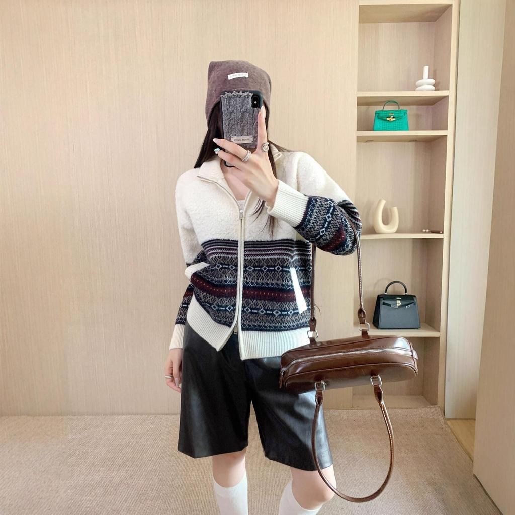 Women's Lambswool Jacquard Knit Cardigan – Heavyweight Stand Collar Winter Sweater Coat