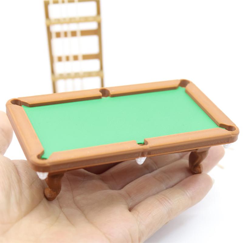 Mini Pool Table 112 Scale Dollhouse Billiard Model Kit 1 Set with Cue Rack for DIY Kids Play Room Setup