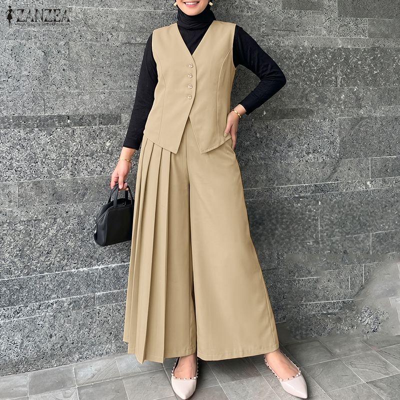 ZANZEA Top Gilet Senza Maniche da Donna e Pantaloni a Gamba Larga Set Casual Due Pezzi