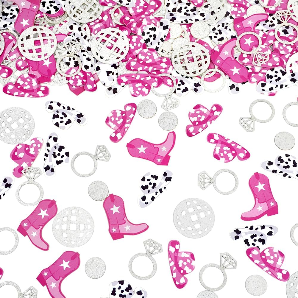 Cowgirl Disco Bachelorette Confetti, Disco Cowgirl Bachelorette Party Decorations, Glitter Disco Ball Ring and Pink Cowgirl Boot Hat Confetti for