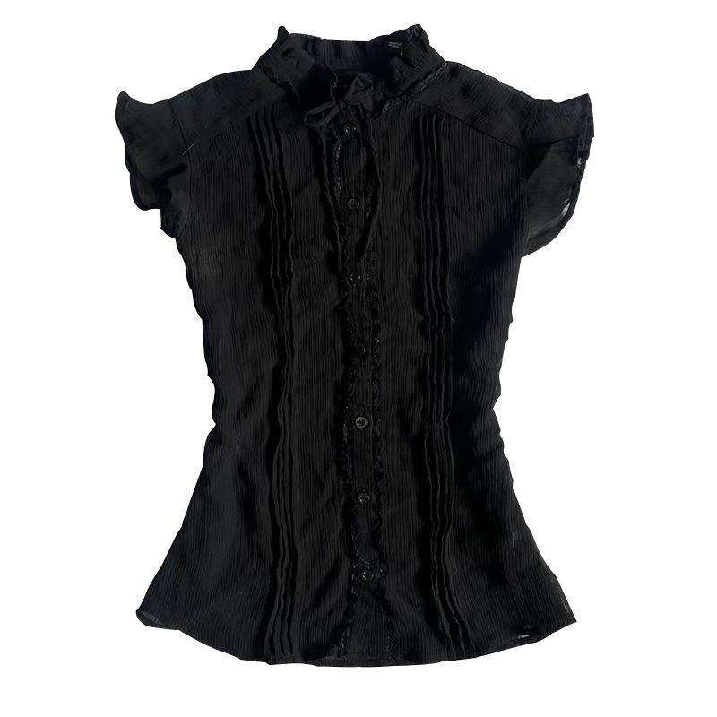 2025 Spring Summer New Wine Red Ruffle Collar Shirt Women Vintage Design Slim Fit Casual Tops Elegant Style Korea Fashion Tops