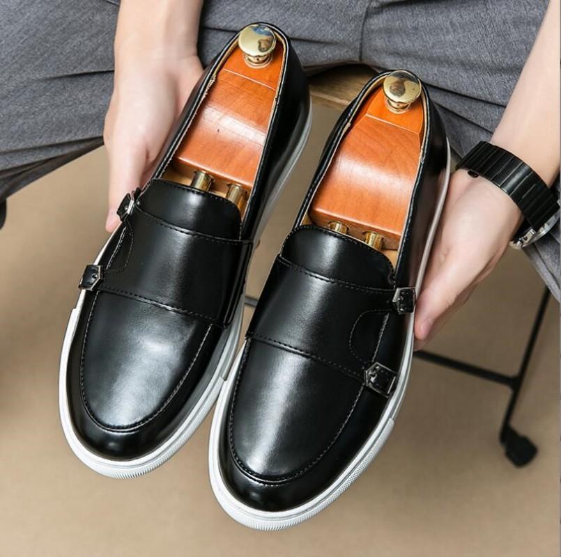 Brown Men's Vulcanize Shoes Double Buckle Loafers Shoes Slip-On Pu Handmade Casual Mens Shoes Size 38-46