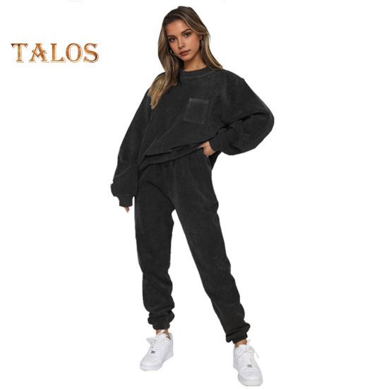 2 Pcs/Set Women Top Pants Set Long Sleeve Elastic Cuff Sweatshirt Pure Color Stretchy High Waist Ankle-banded Trousers Sport Fitness Tracksuit