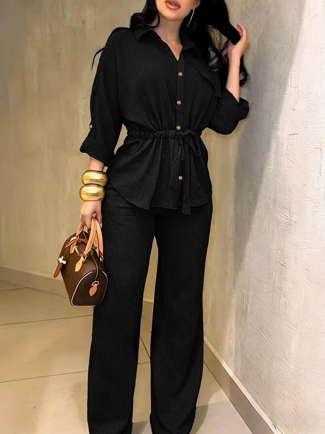

Women s Roll-Sleeve Button-Up Top with Flap Pockets & Drawstring Waist + Elastic Waist Wide-Leg Pants Set Extra Large чёрный