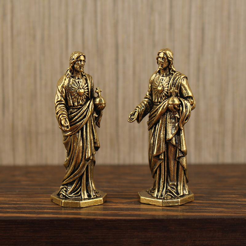 Vintage Solid Brass Handcrafts Jesus Sacred Statue Ornaments Office Decor Figurines