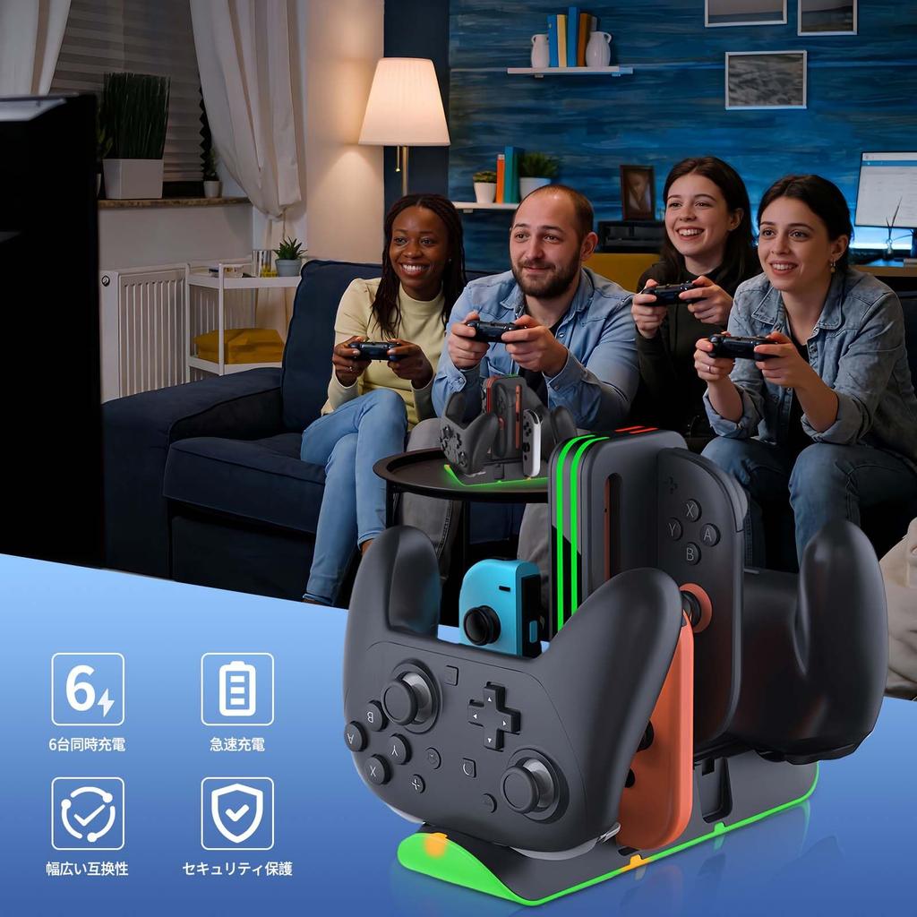 PhyiFlbey Charging Stand for Switch 2 for Compatible with Switch Switch 2 Pro OLED and 6 Controllers RGB Lighting for Right and Left Overcharge USB