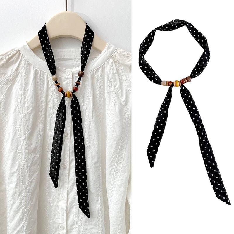 Coffee Blue Retro Wood Beads Long Silk Women Versatile Streamer Neck Protection Scarf New Small Scarf Spring, Summer and Autumn