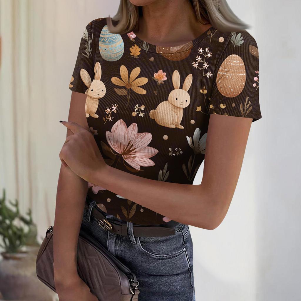 Dames Casual Mode Ronde Hals Paasprint Korte Mouw Geribbelde Top
