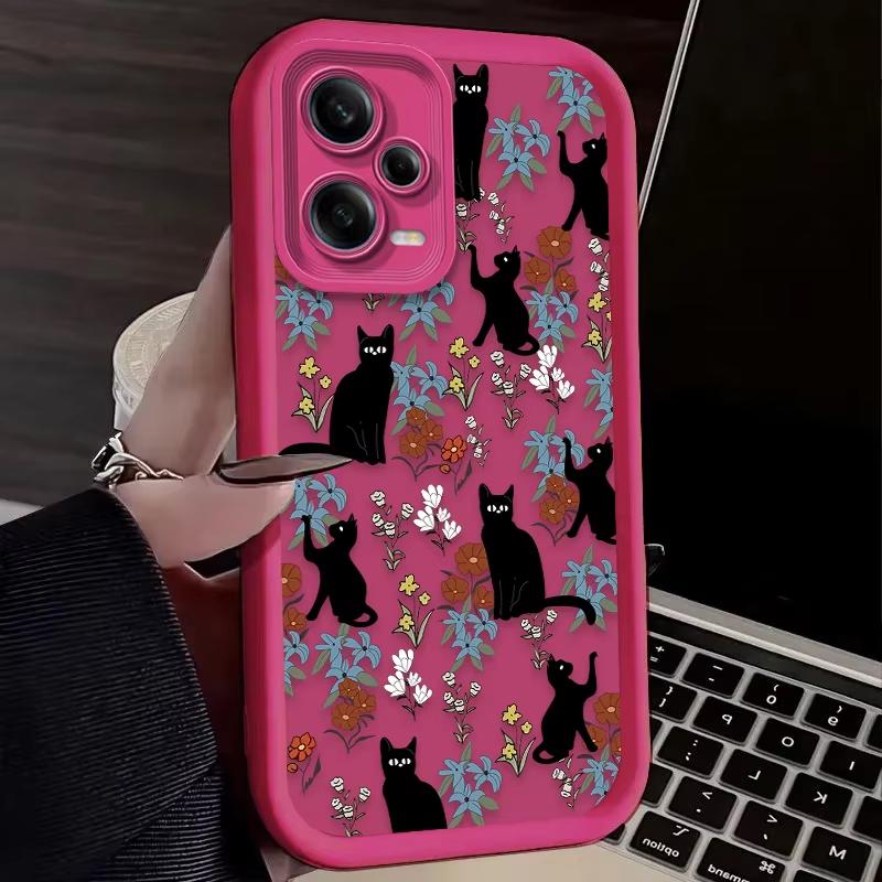 Black Cat Flower Artistic Phone Case For Redmi Note 13 12 Pro Plus 5G 13 12 Pro 4G 5G 11 10 Pro 12S 5G 11S 10S Redmi 13C 12 5G