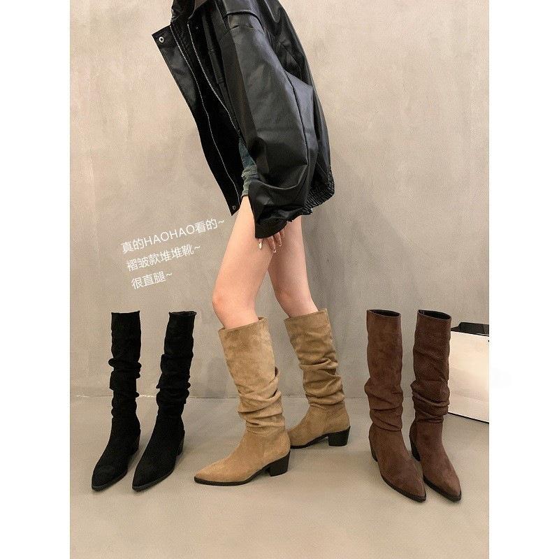 Vintage pointed thick heel khaki pile boots boots shoes 2025 skinny long knight boots