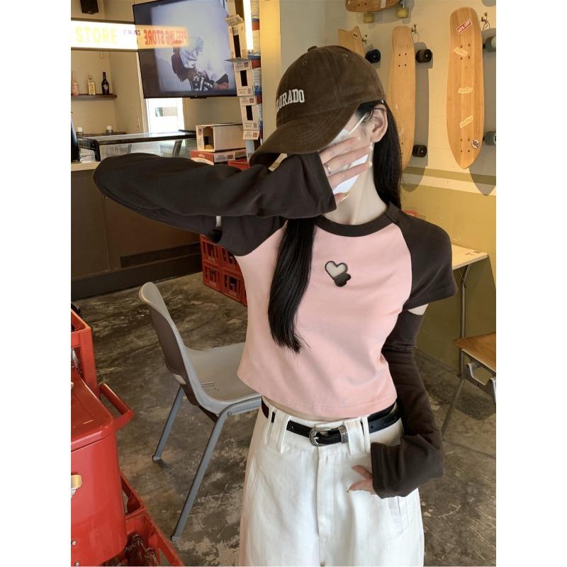 Unique sense of design, love, hollow top, spring contrasting color, broken-sleeved long-sleeved shirt, Spice Girl versatile bottoming shirt