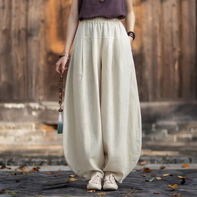 Johnature Women Vintage Bloomers Pants Solid Color Loose Trousers Autumn Pockets Patchwork Long Pants