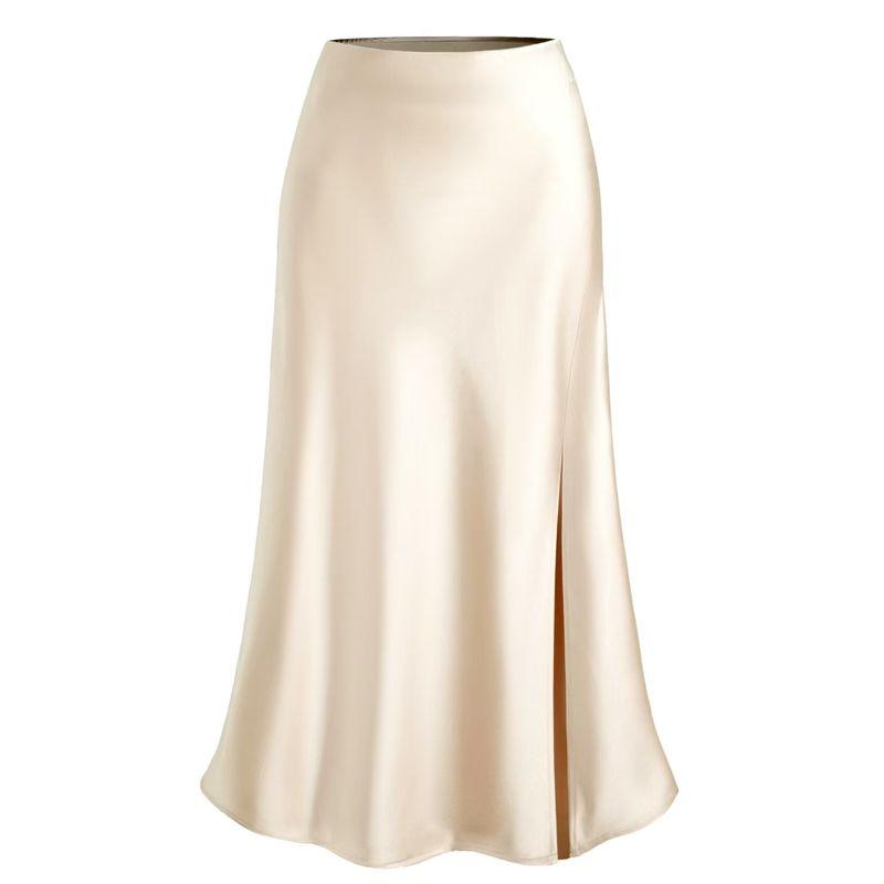 

European and American New Fashion Sexy High Waist Split Skirt High Waisted Satin Split Skirt Beige XL