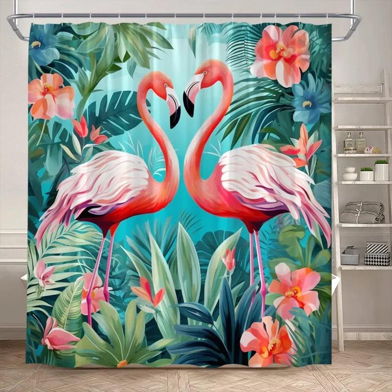 Tropical Jungle Flamingo Shower Curtains Animals Lake Lotus Flowers Palm Tree Plant Forest Scenery Fabric Bathroom Curtain Decor