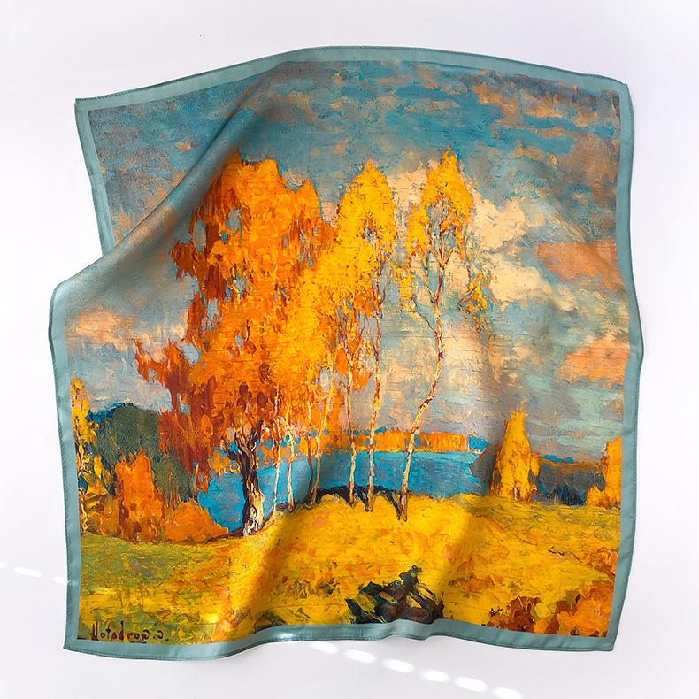 Mulberry silk scarf small square scarf women s spring and autumn thin fashion silk scarf green oil painting series small scarf 53*53cm