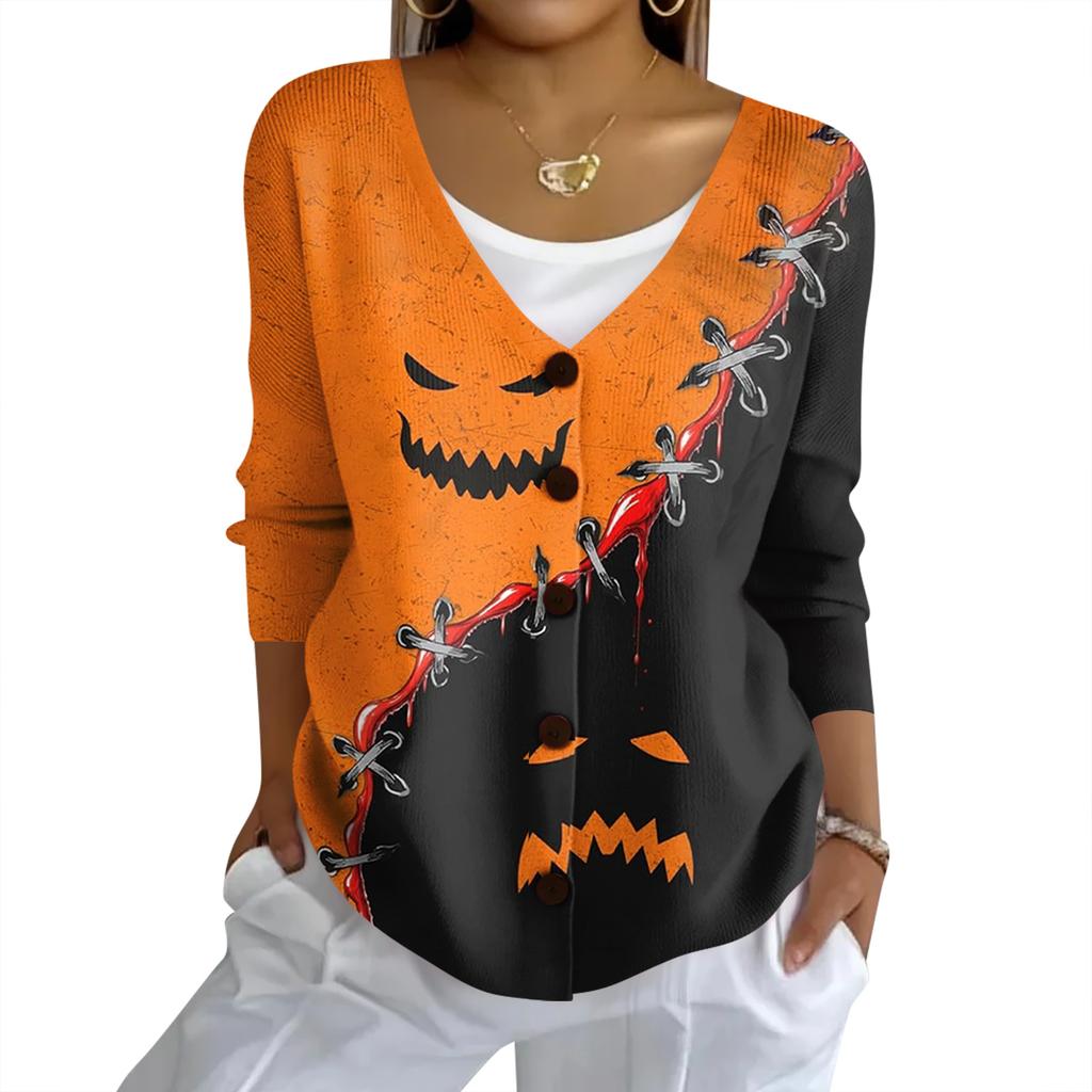 Women's Fashion Casual Knit Sweater Button-Up Halloween Printed  Cardigan Jacket