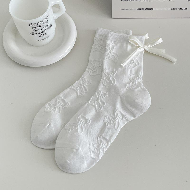 Gray Bow Boneless Socks Three-Dimensional Relief Bear Pure Cotton Mid-Tube Pile Socks For Women one size чистый белый