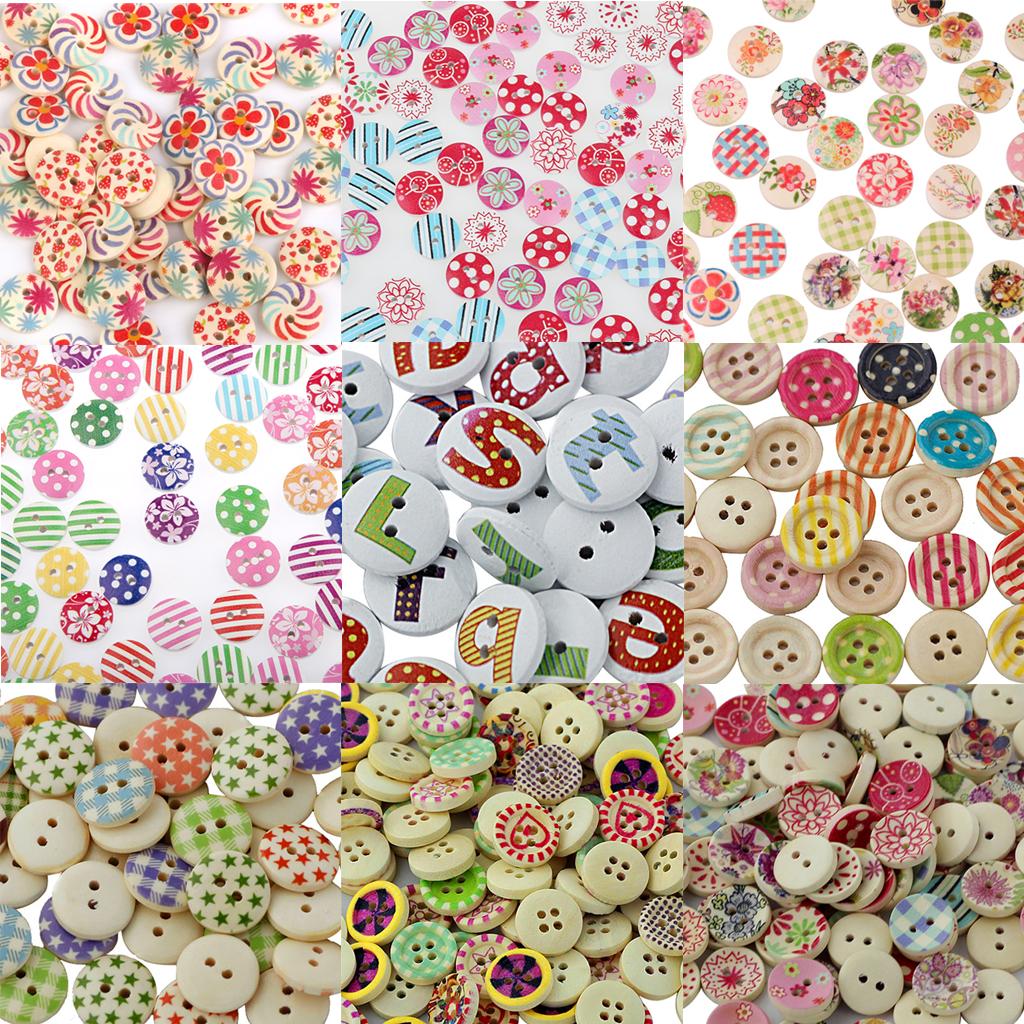 Pack of 100 Painted Colors Round DIY Wooden Buttons for Sewing and Crafting