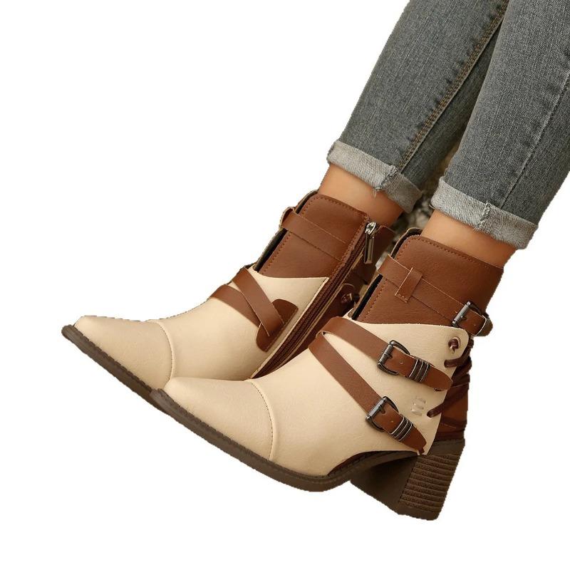 Zipper Round Toe Women Boots High Heels Female Shoes Luxury Designer Stiletto Ladies Rock Fashion Large Size Rubber Flock Fabric