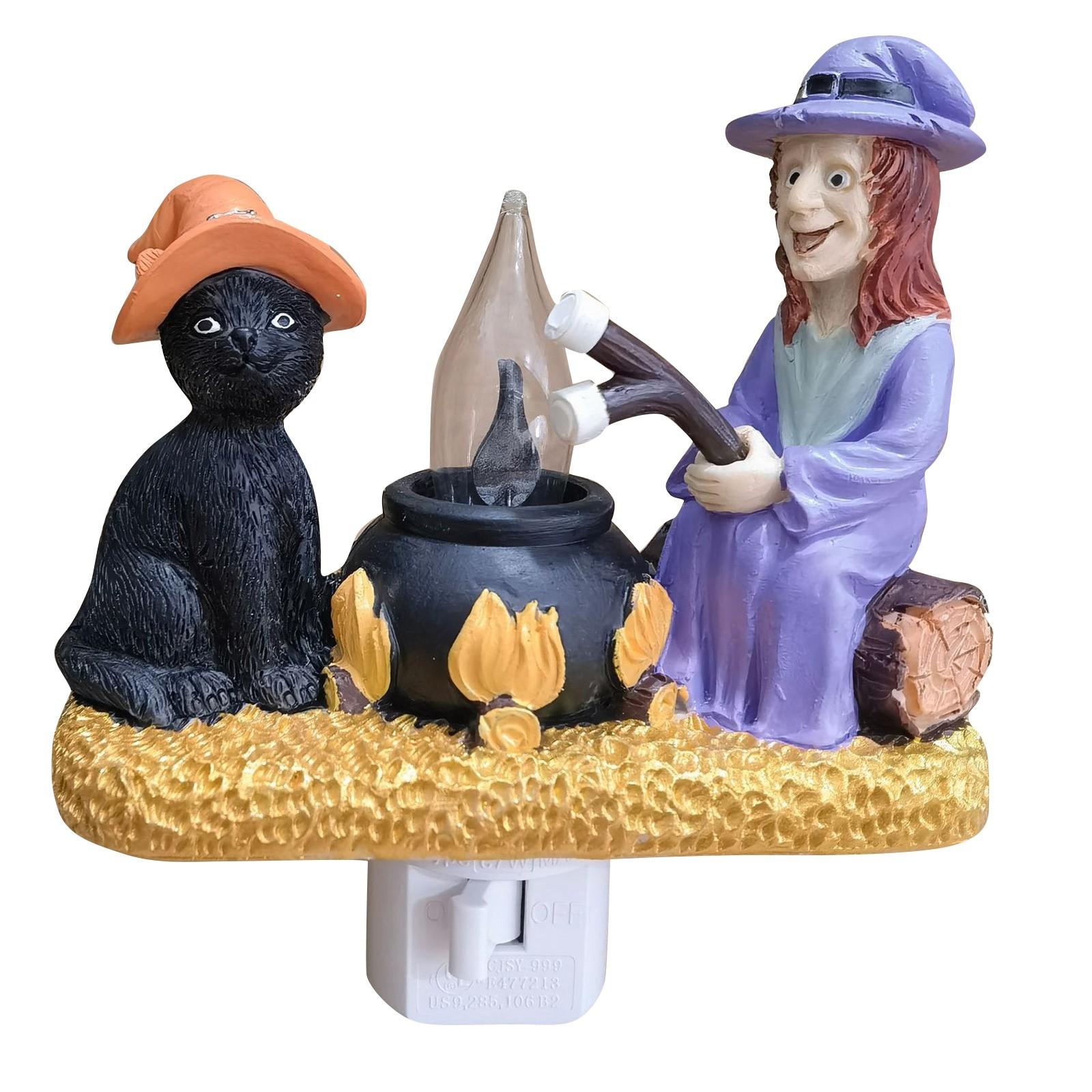 

Мерцающий ночник с котом и ведьмой, 3D-ночник с зефиром и 3D-кошкой, светодиодный ночник с искусственными кострами 4 дюйма, подключаемый к стене
