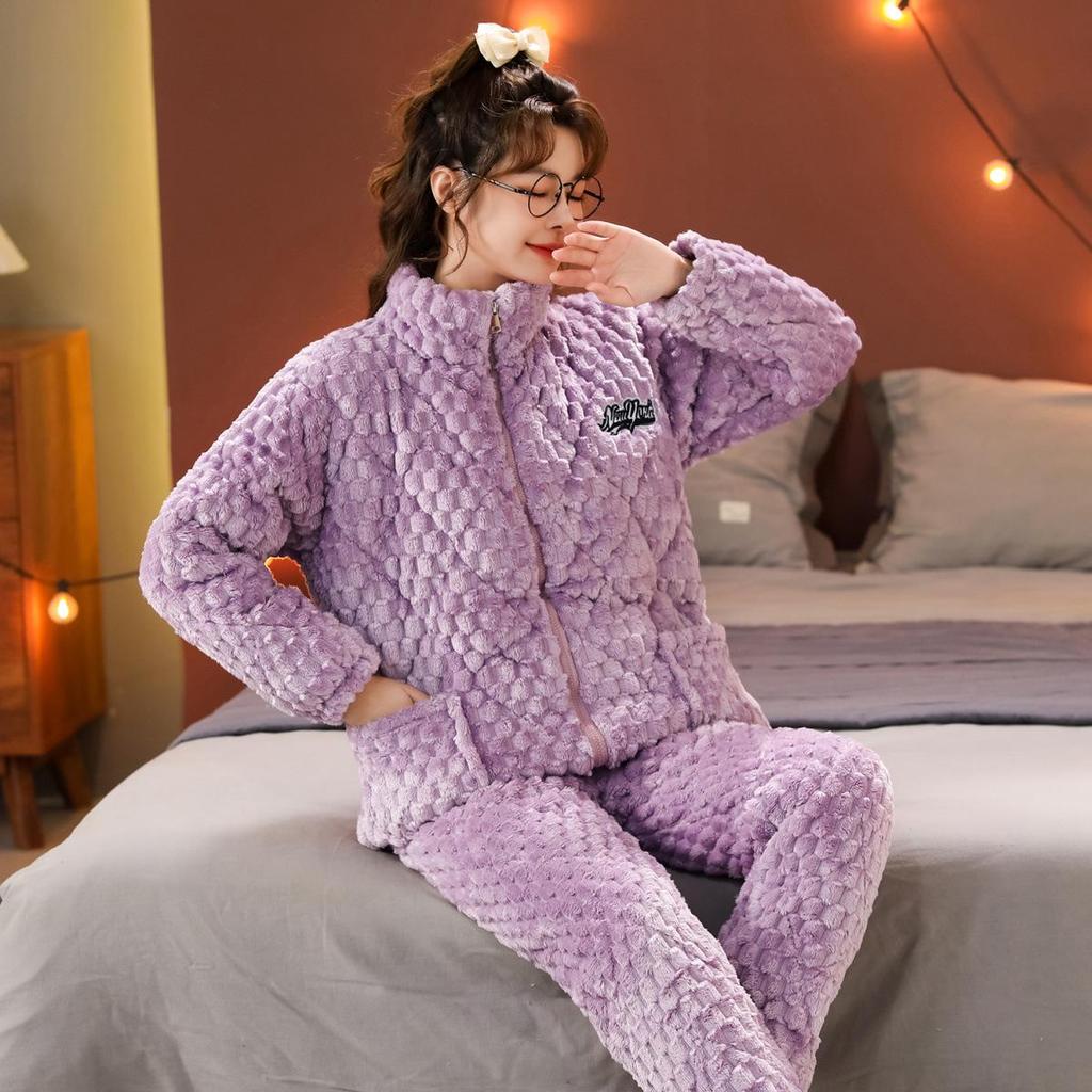 Women's Quilted Fleece-Lined Winter Pajama Set - Plus Size, Cute, Thick, Round Neck Homewear.