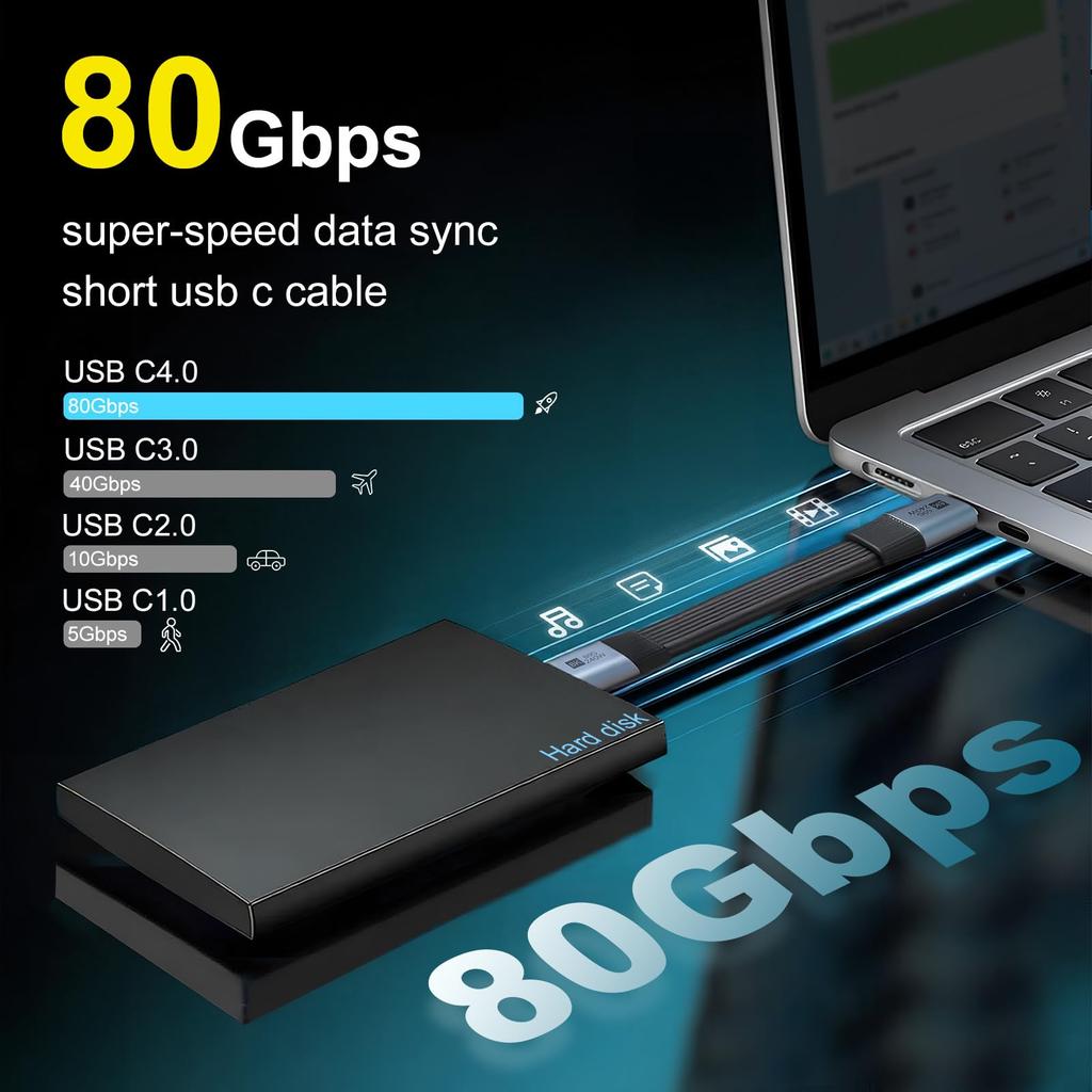 Duttek 80Gbps Short USB C To USB C Charging 240W USB Male Supports 240W PD Fast Video USB E with Marker Keychain Design Cable, Type-C Converter,