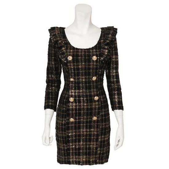 GRAXIA Tight Tweed Mini Perfect for Hostess and with and a Check Available in Black Women's Dress, Hostesses, Clubs, Lounges, Three-Quarter Sleeves,