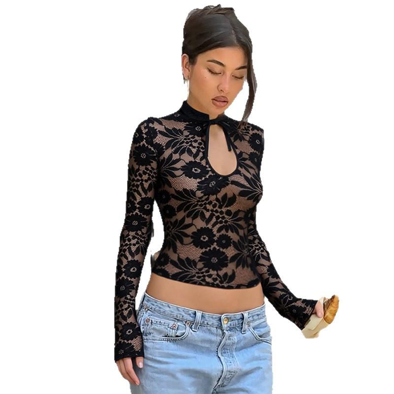 European & American Women's Sexy Lace See-through Long-Sleeve Top - Spring/Summer Fashion