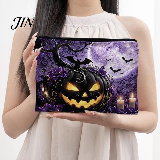 Lightweight Festive Organizer Storage Bag, with Halloween Pattern Print, Smooth Zipper Durable Canvas Wear-resistant Case Organizer, Portable