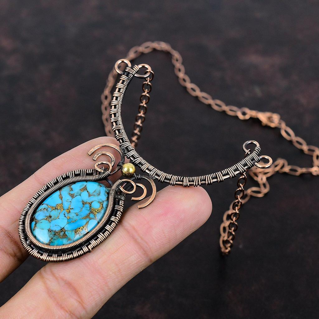 Copper Blue Turquoise Necklace Copper Wire Wrapped Necklace Gemstone Jewelry Handmade Adjustable Necklace Dainty Copper Jewelry Gift For Mom