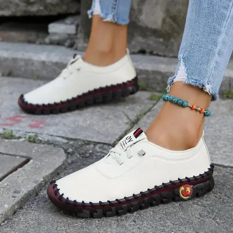 Women's Sneakers Wear Resistant  Spring New Casual Comfortable Platform Loafers Lace-Up Leather Flats Slip-On Ladies Shoes