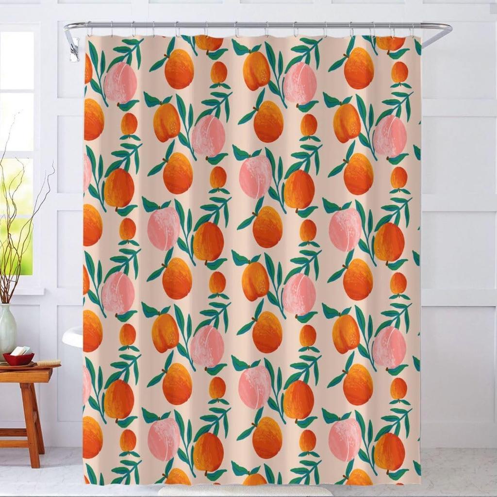 Peach Shower Curtain, Vibrant Cute Fruit Waterproof Shower Curtains for Bathroom, Cartoon Home Decorative Fabric Bath Curtain