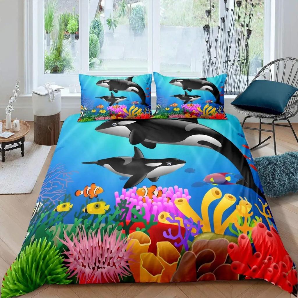 Wale Königin Bettbezug Ozean Tier Bettwäsche Set Seetang Seestern Meeresleben Steppdeckenbezug Blau Polyester Bettbezug
