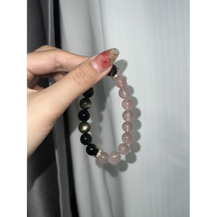 Handmade Natural Rose Quartz Bracelet with Black Obsidian and Strawberry Quartz - Unique Gift