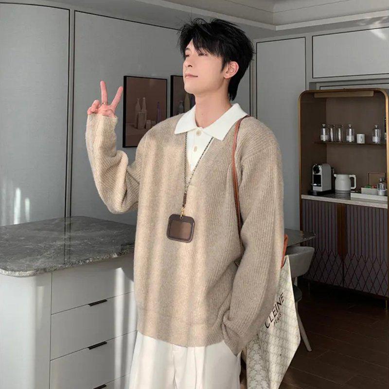 Men s Autumn/Winter American Retro Faux Two-Piece Lapel Sweater - High-End Lazy Style Knitwear M хаки