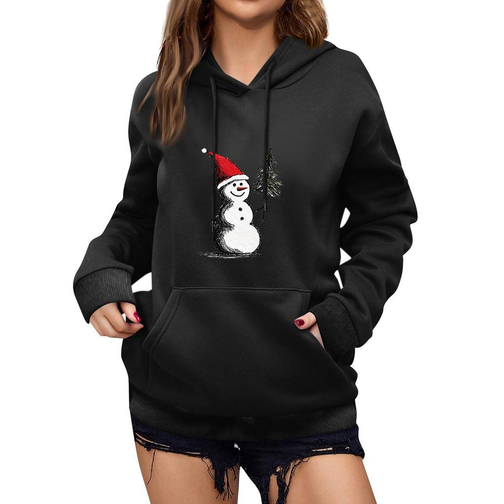 Women's Winter Christmas Printed Pullover Hooded Sweatshirt Fleece Long Sleeve Sweatshirt