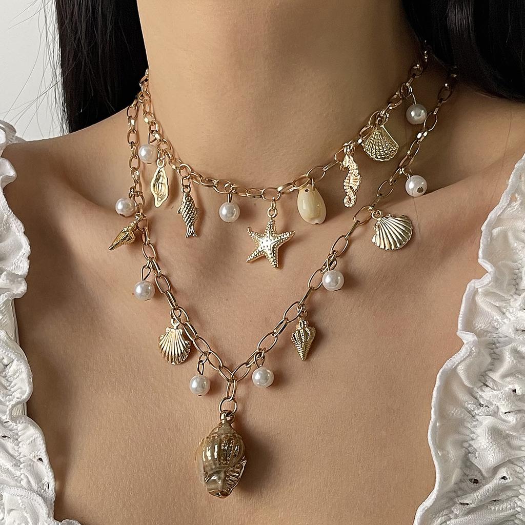 Fashion Pearl Tassel Necklace Ocean Style Starfish Shell Pendant Beachwear Neck Decoration For Women