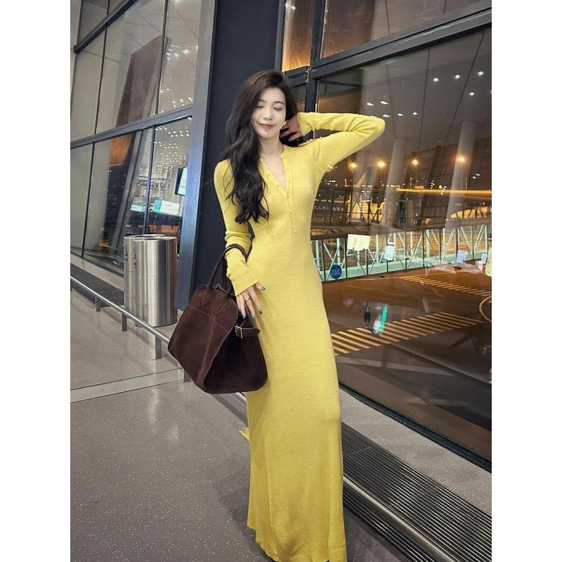 

Yellow slim-fitting long-sleeved knitted dress women s autumn tight-fitting temperament long dress casual waist-wrapped hip skirt XL жёлтый