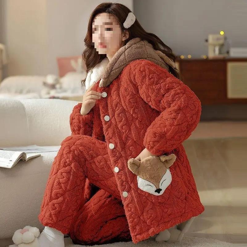 

Женская зимняя утолщенная флисовая подкладка, утолщенная коралловая бархатная пижама, фланелевая домашняя одежда, пижама с квадратным вырезом, пижама 2XL