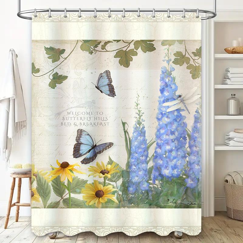 High-Quality Floral Shower Curtain With Rustic Bathroom Decor In Blue Yellow Colors Printed Fabric Waterproof Washable For Home
